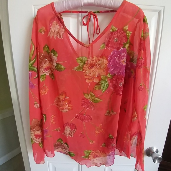 American Angel II Tops - floral tangerine coral print w flowing arms 1x nwt